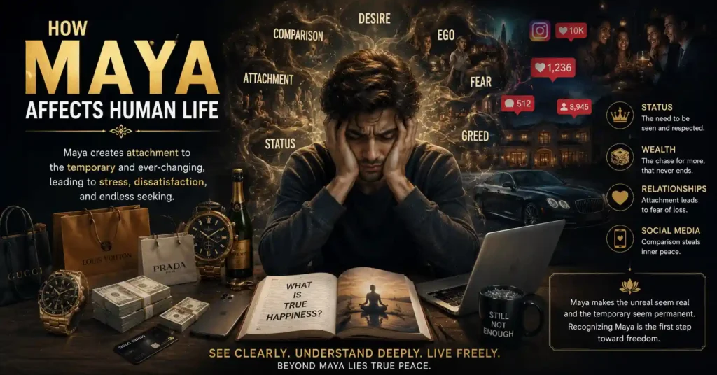 Person surrounded by wealth, status, social media, and desires showing how Maya influences human life