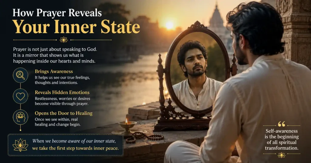 Spiritual seeker looking into a calm reflection, representing self-awareness, introspection, and understanding one's inner state through prayer.