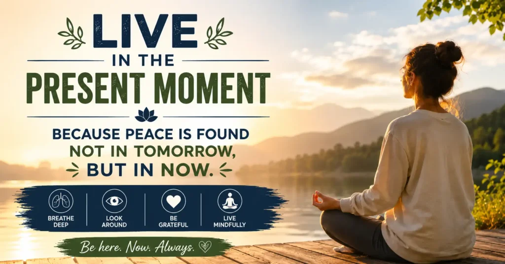 Woman meditating by a peaceful lake at sunrise symbolizing how to live in the present moment and find inner peace