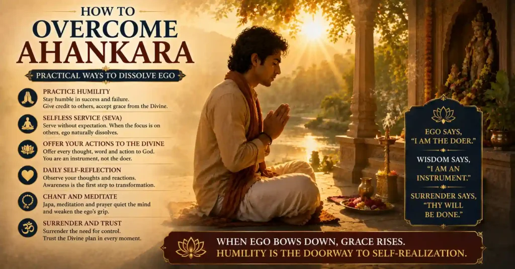 Practical ways to overcome Ahankara through humility, devotion and self-awareness
