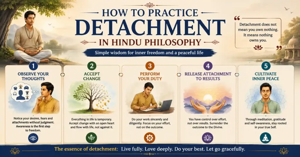 Infographic showing practical ways to practice Detachment in Hindu Philosophy through awareness, gratitude, selfless action, and acceptance