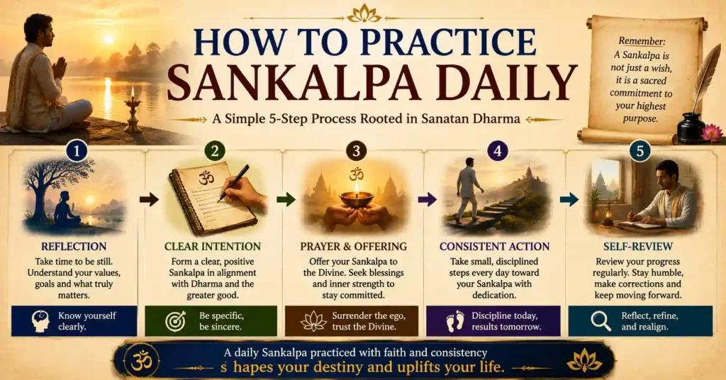 Infographic showing a simple daily practice of Sankalpa through reflection, prayer, action, and self-review