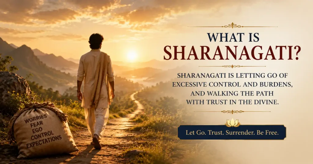 Importance of Sharanagati in Hindu philosophy person letting go of burdens and trusting the Divine Spiritual benefits of Sharanagati inner peace meditation and trust in the Divine