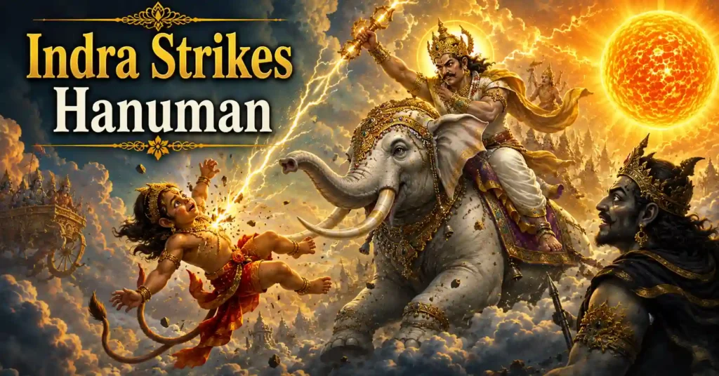 Lord Indra using the Vajra against young Hanuman near the Sun while Rahu watches in the Hanuman and the Sun Story