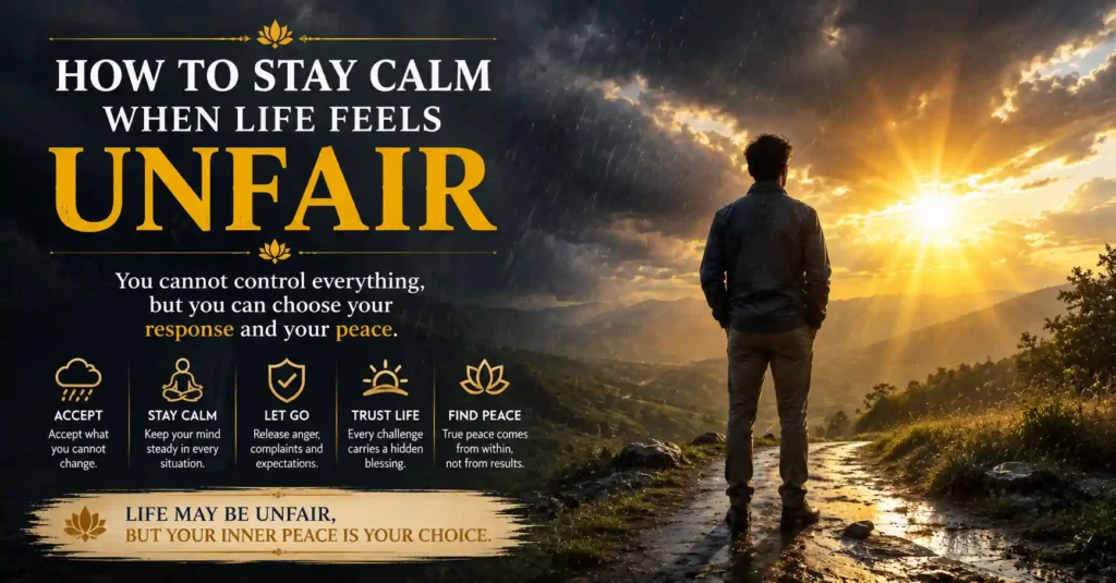 Individual finding inner peace and calmness while facing life's challenges and unfair situations