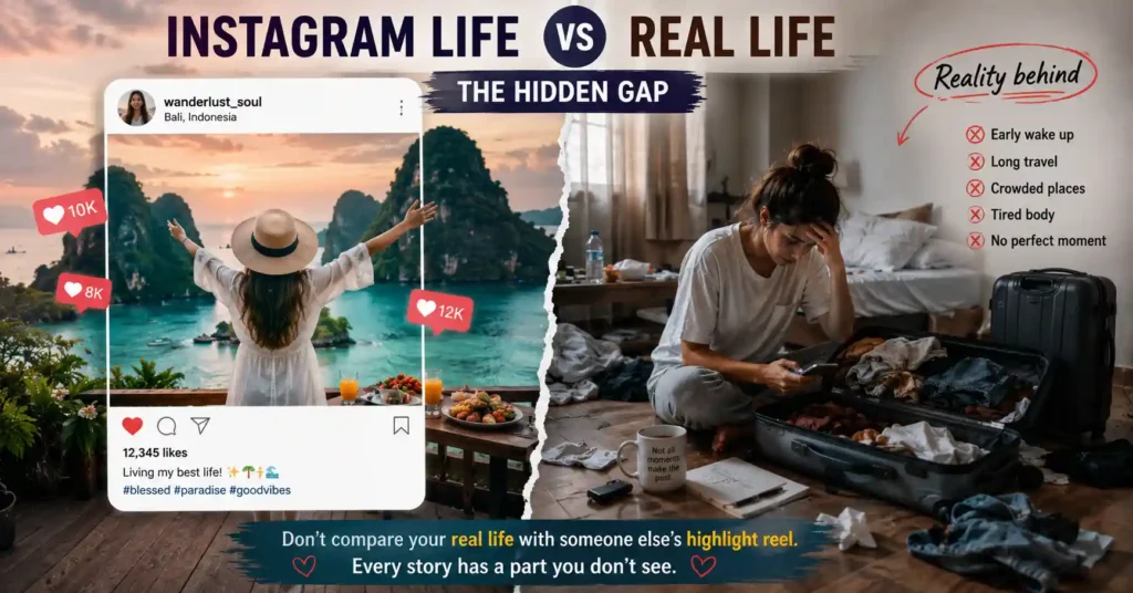 Instagram life versus real life showing the difference between online highlights and reality