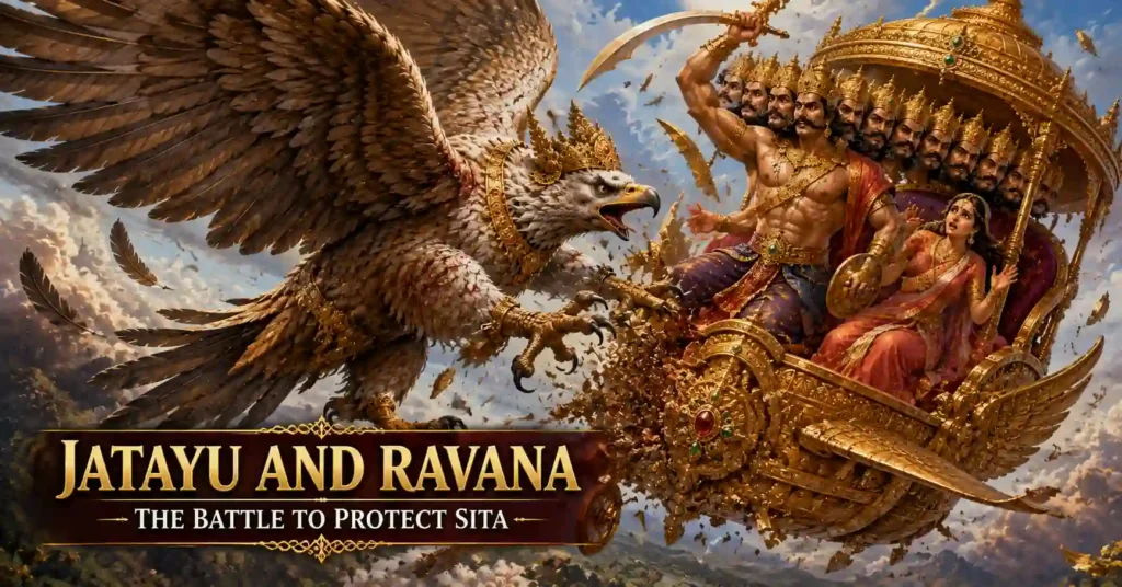 Jatayu and Ravana engaged in a fierce aerial battle while Sita watches from the Pushpaka Vimana