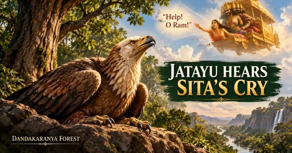 Elderly Giddharaj Jatayu hearing Maa Sita's cries for help in the Dandakaranya forest