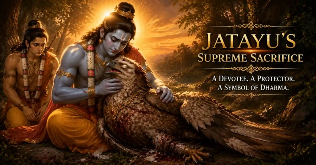 Shri Ram holding Giddharaj Jatayu during his final moments after sacrificing his life protecting Sita