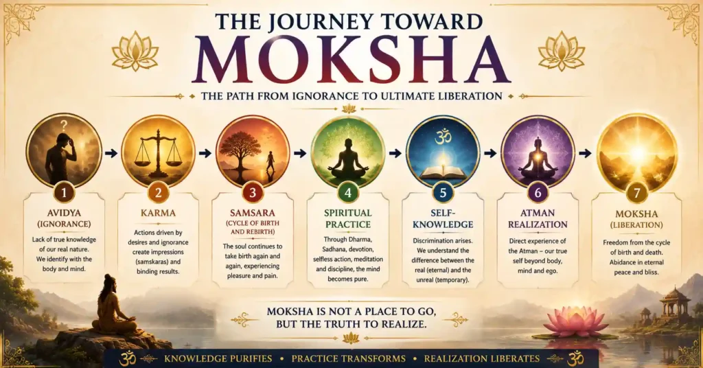 Journey toward Moksha from Avidya and Karma to Atman realization and liberation