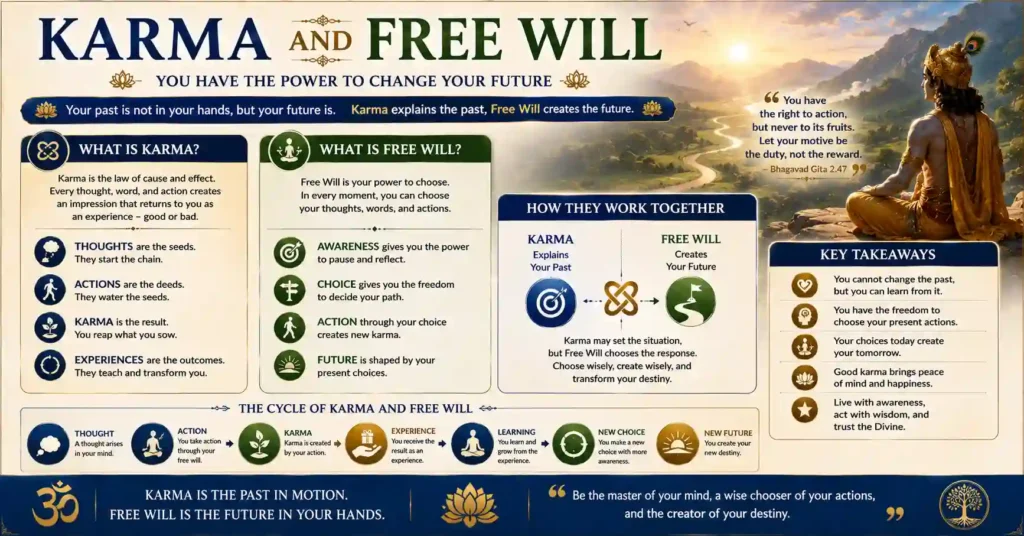 Infographic explaining the relationship between Karma, free will, and future choices.