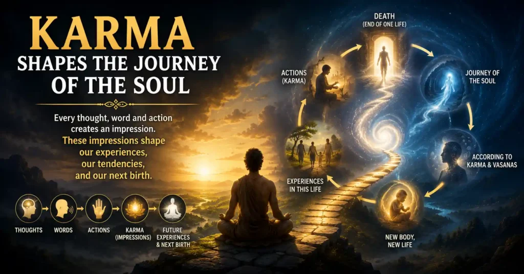 Illustration explaining how karma shapes the soul's journey and influences rebirth in Sanatan Dharma.