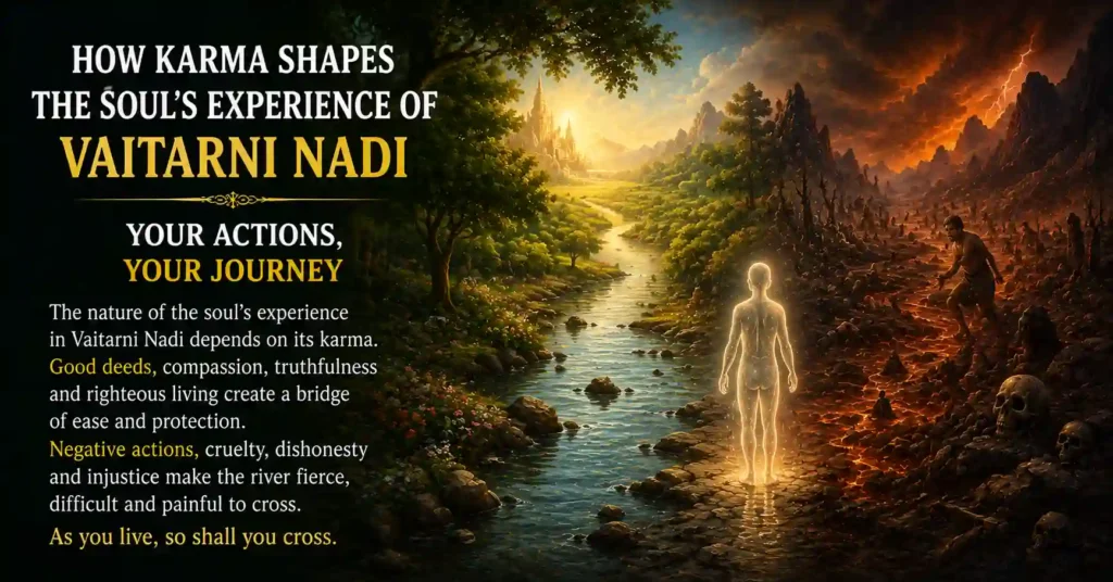 Depiction of how karma influences the soul's experience while crossing Vaitarni Nadi after death
