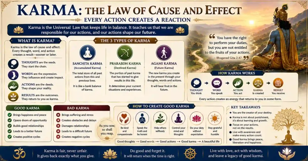 Illustration showing how Karma influences daily life through thoughts, words, and actions.