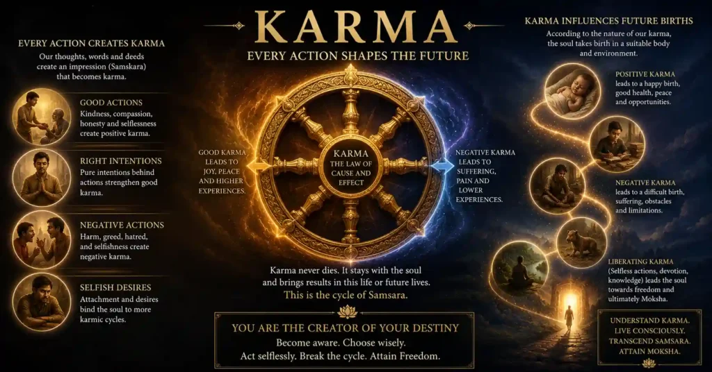 Karma influencing rebirth and future experiences in Samsara