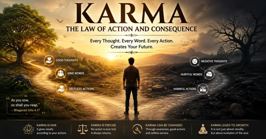 Karma in Sanatan Dharma showing its meaning, types, philosophy, and how it works.