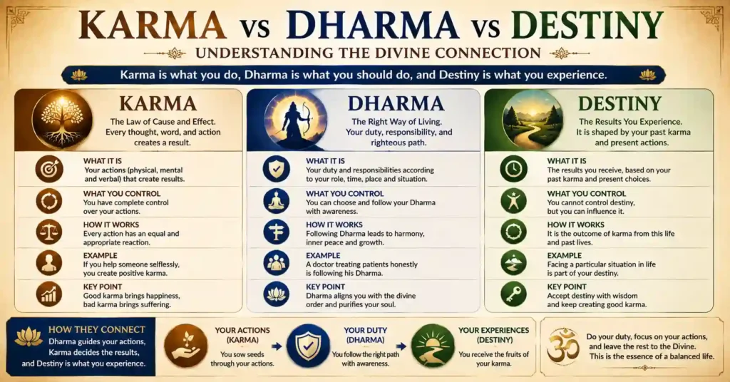 Comparison of Karma, Dharma, and Destiny in Sanatan Dharma.