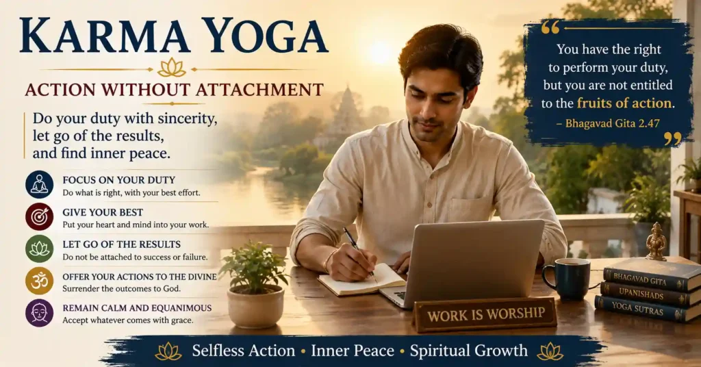 Karma Yoga teaches action without attachment to results