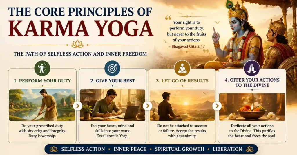 The core principles of Karma Yoga including selfless action and surrender