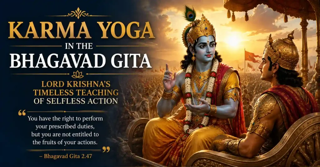 Lord Krishna teaching Karma Yoga to Arjuna in the Bhagavad Gita
