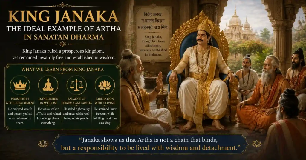 King Janaka seated on a throne among sages, demonstrating prosperity, wisdom, and detachment in Sanatan Dharma