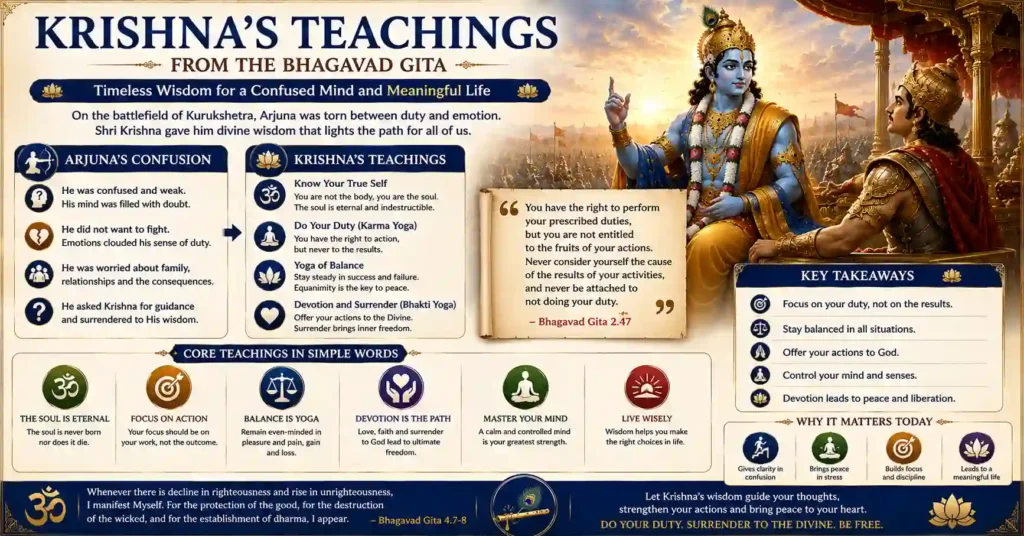 Lord Krishna's teachings on Karma and selfless action from the Bhagavad Gita.