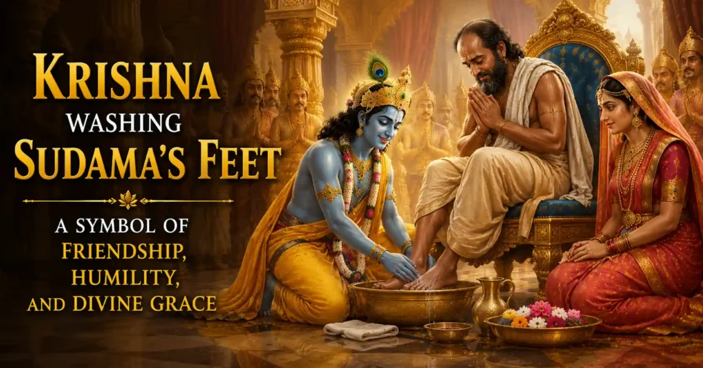 Lord Krishna washing Sudama's feet as a symbol of humility, friendship, and divine grace