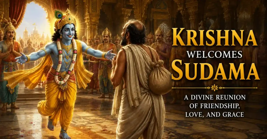 Lord Krishna joyfully welcoming Sudama at the royal palace of Dwarka