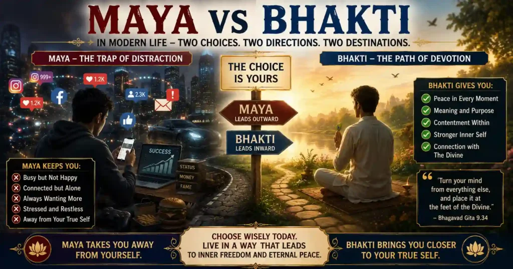 Maya vs Bhakti in modern life showing distraction on one path and devotion on the other