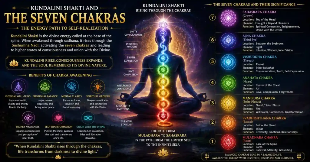 Tantric meditation depicting Kundalini Shakti, chakras and spiritual transformation in Sanatan Dharma