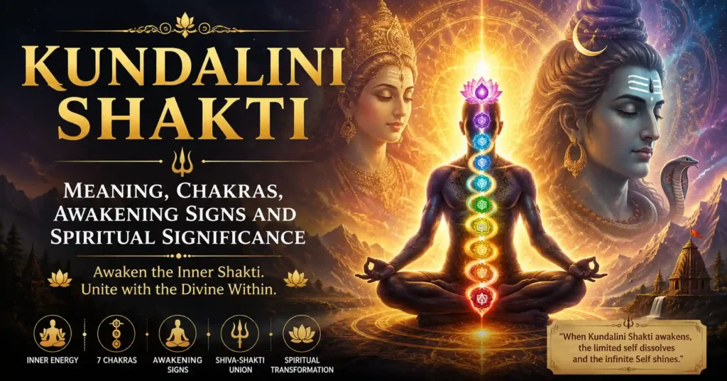 Kundalini Shakti rising through the chakras symbolizing awakening, spiritual transformation and divine consciousness