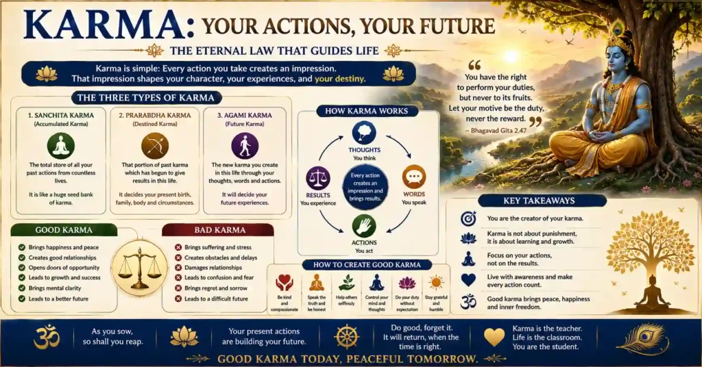 Infographic explaining the Law of Karma, its types, and how actions create future results.