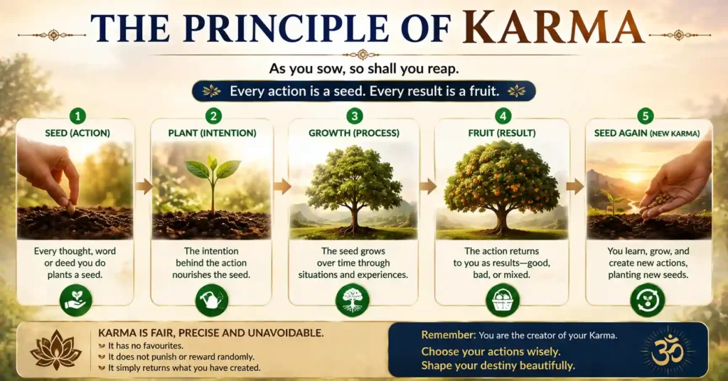 Infographic explaining the Law of Karma using the seed and fruit analogy.