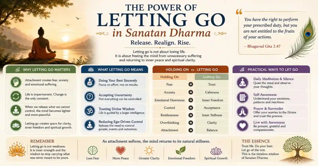 Infographic explaining letting go in Sanatan Dharma, covering attachment, ego, Maya, Bhagavad Gita teachings, spiritual surrender, practical daily practices, and the journey from fear and anxiety to inner peace, clarity, balance, and spiritual growth.