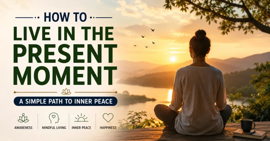 Woman meditating by a peaceful lake at sunrise illustrating how to live in the present moment and cultivate inner peace.
