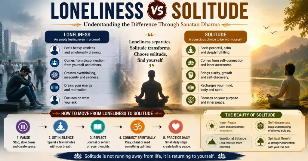Infographic explaining the difference between loneliness and solitude and how solitude leads to inner peace and spiritual growth