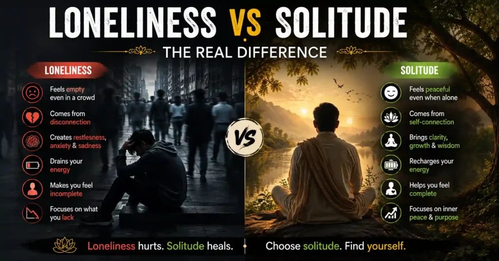 Infographic comparing loneliness and solitude, highlighting emotional suffering versus inner peace and self-connection