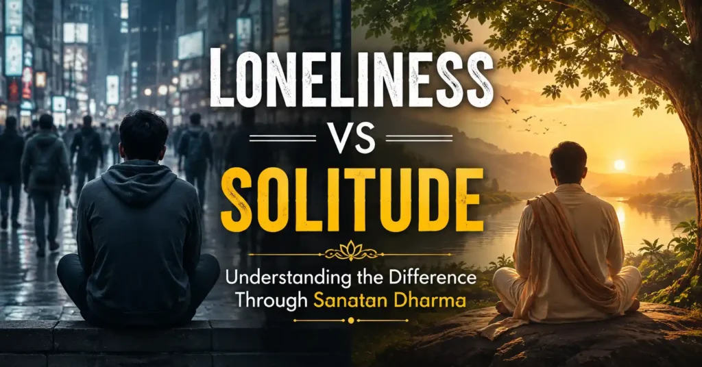 Split image showing loneliness in a crowded city and peaceful solitude in nature, illustrating loneliness vs solitude through Sanatan Dharma