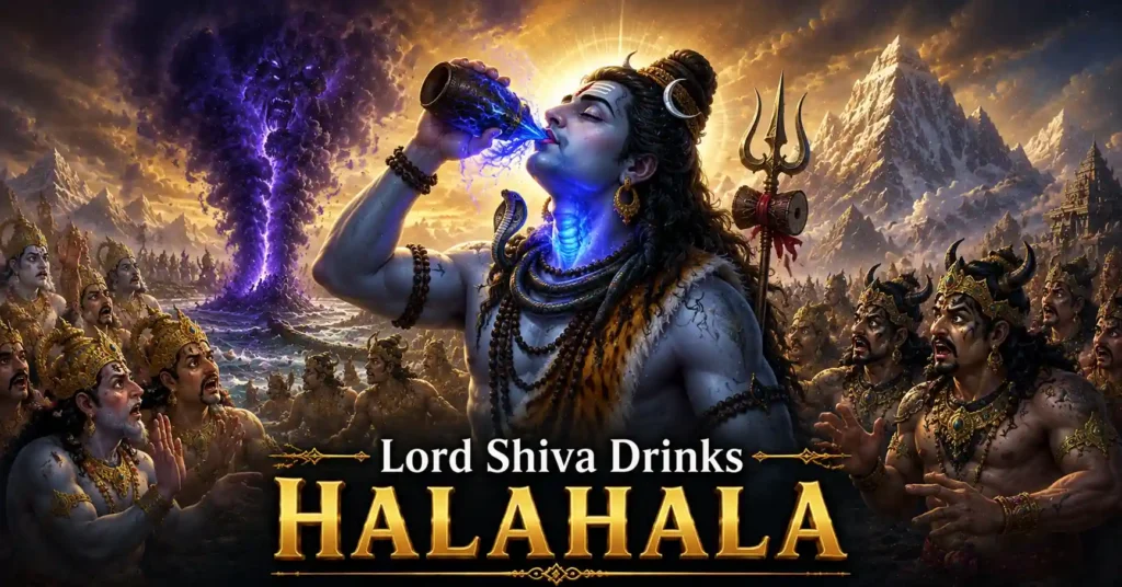 Lord Shiva drinking the deadly Halahala poison during the Samudra Manthan Story and becoming Neelkanth to save creation
