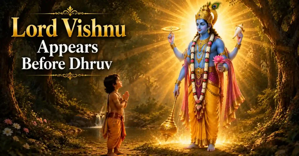 Lord Vishnu appearing before young Dhruv after his unwavering devotion and spiritual penance