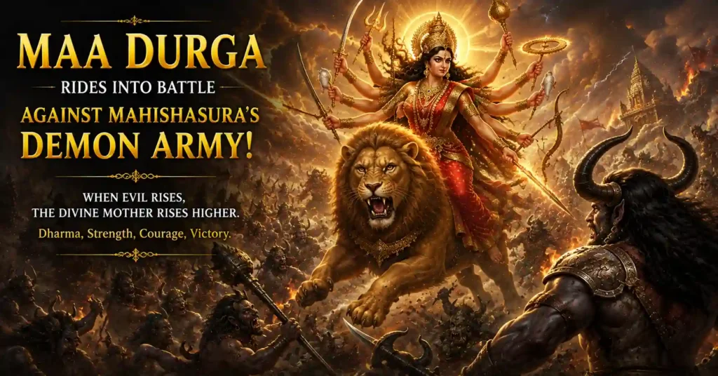 Maa Durga riding her lion into battle against Mahishasura and his demon army