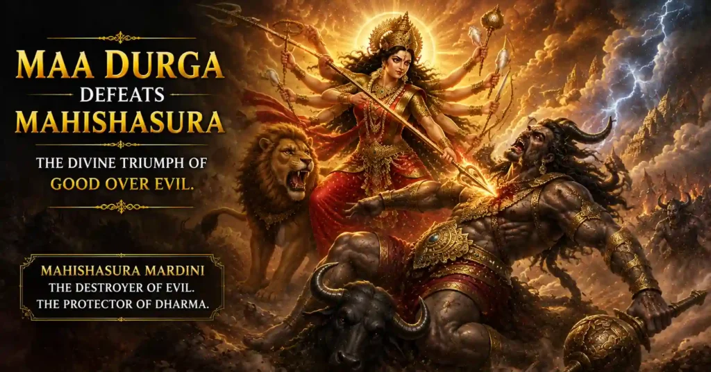 Maa Durga defeating Mahishasura during the final battle between good and evil