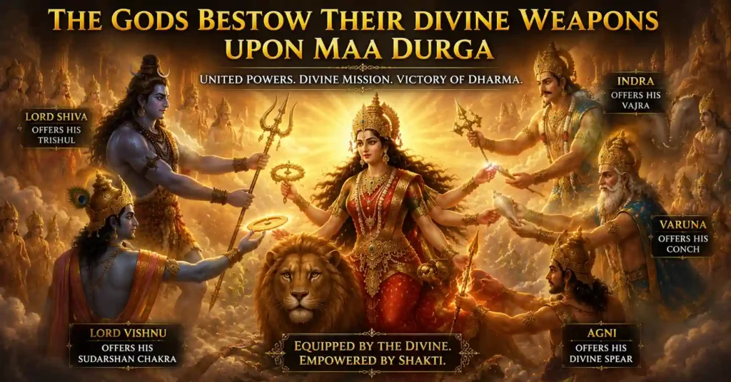 Maa Durga receiving divine weapons from the gods before battling Mahishasura