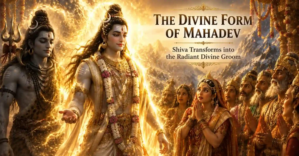 Lord Shiva revealing his radiant divine form as a groom before the sacred Shiv Parvati Vivah ceremony