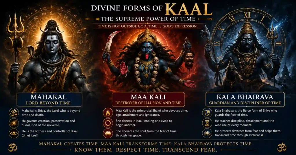 Mahakal, Maa Kali and Kala Bhairava as divine forms associated with Kaal
