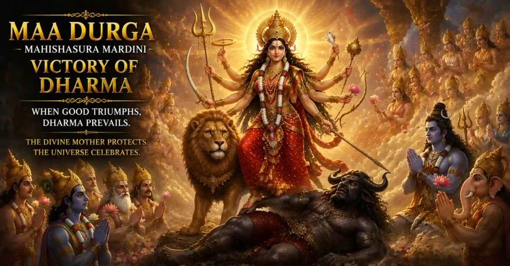 Maa Durga as Mahishasura Mardini standing victorious over Mahishasura as the gods celebrate