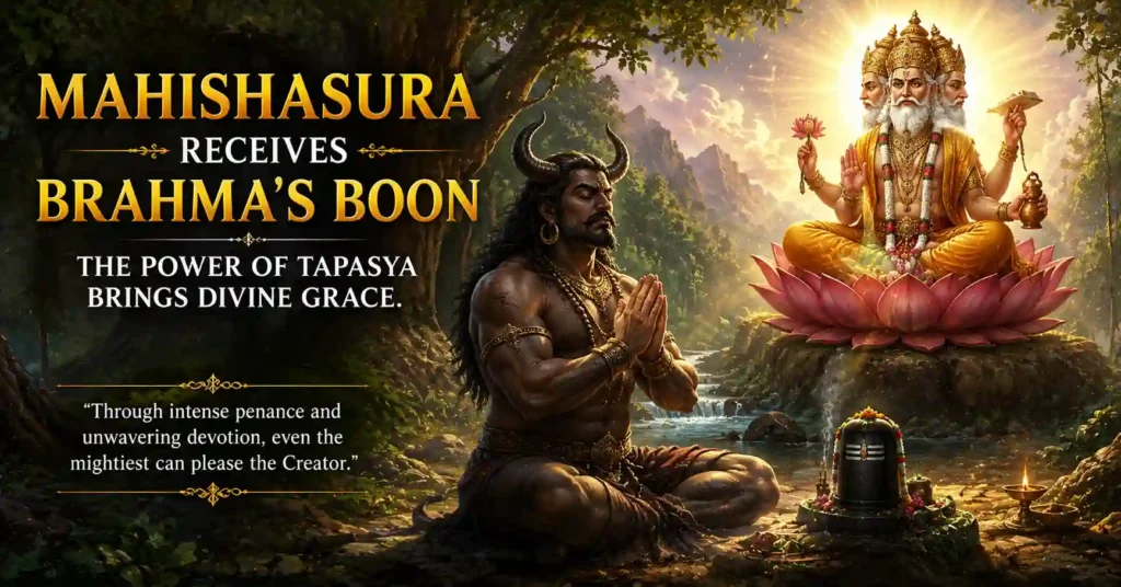 Mahishasura performing intense tapasya before Lord Brahma and receiving a divine boon