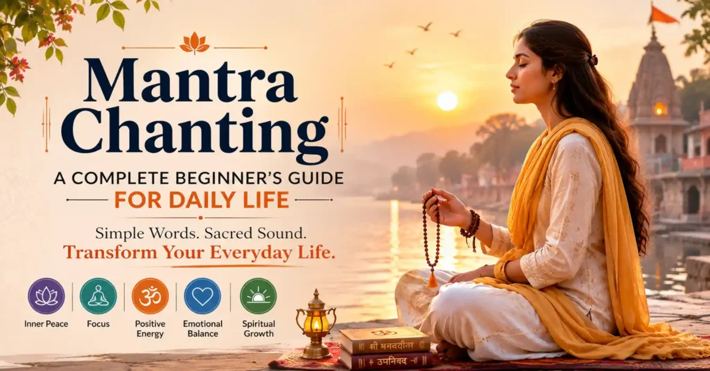 Devotee practicing mantra chanting with a japa mala during sunrise meditation in daily life