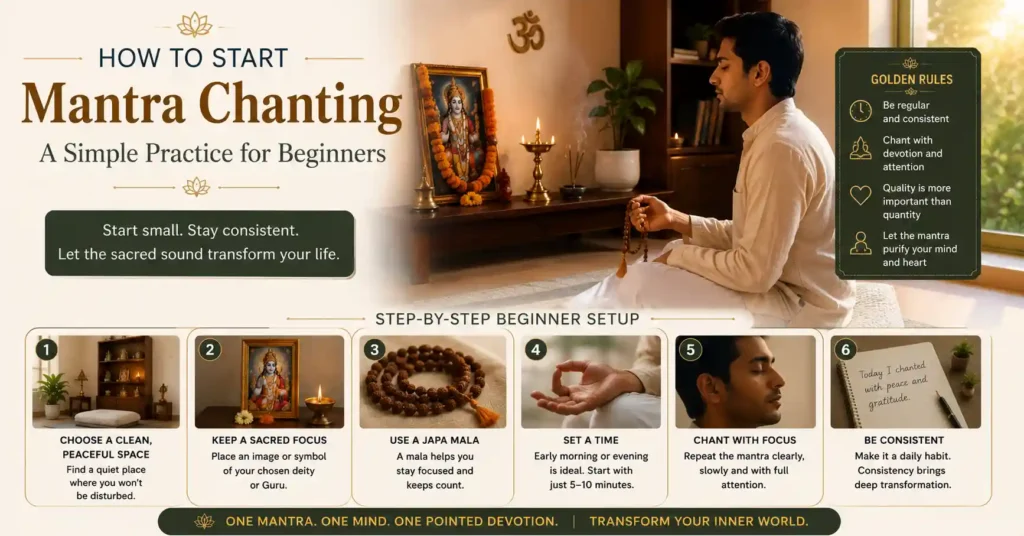 Beginner's mantra chanting setup with prayer space, deity image, japa mala, and daily spiritual practice