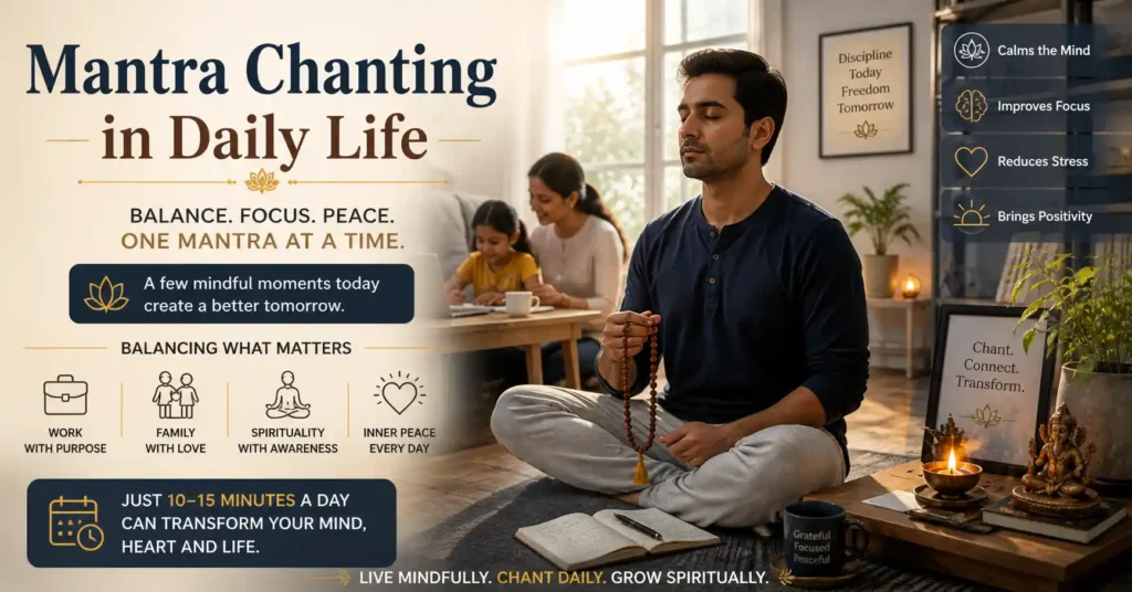 Modern individual balancing work, family, and spiritual practice through daily mantra chanting